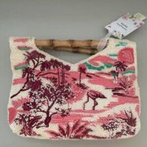 Handcrafted in India Beaded Bag Bamboo Handles Tropical Flamingos Palm Trees NWT